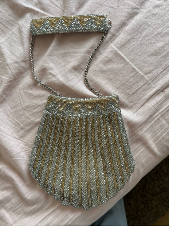 Zara Handbags - Zara Silver & Gold Beaded 🐚 Evening Clutch with Chain Strap
